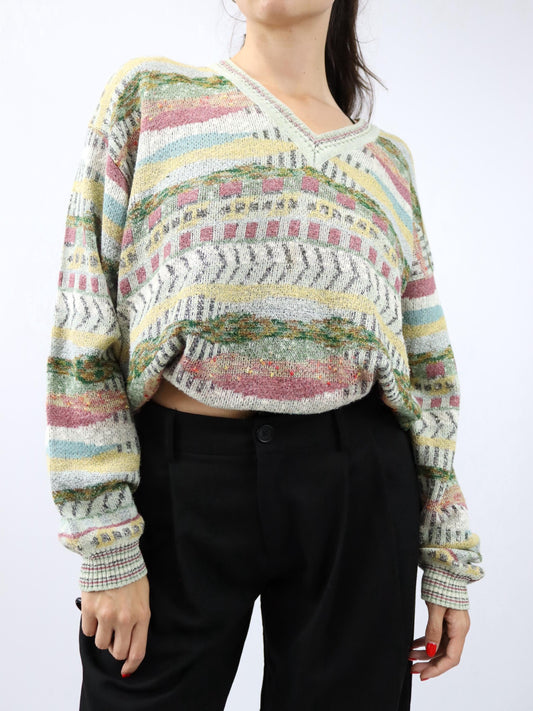 Vintage 80er 90er SUSPENSE Strickpullover gemustert V-Ausschnitt L