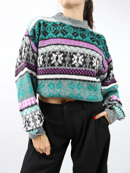 Vintage 80er 90er Wollpullover Pullover Wolle lila grün gemustert M