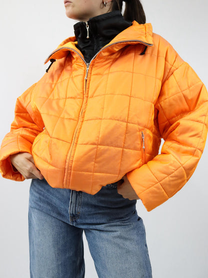 Vintage 80er 90er ONLINE Winterjacke Mantel gefüttert schwarz orange metallic Stehkragen 40 M