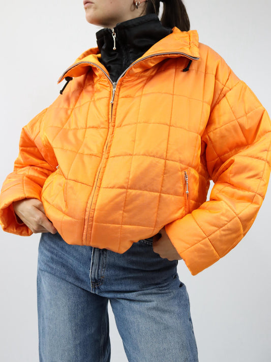 Vintage 80er 90er ONLINE Winterjacke Mantel gefüttert schwarz orange metallic Stehkragen 40 M