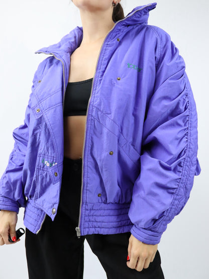 Vintage 80er 90er Toper Skijacke Winterjacke gefüttert Stehkragen lila Stickerei Blumen 42/44 L