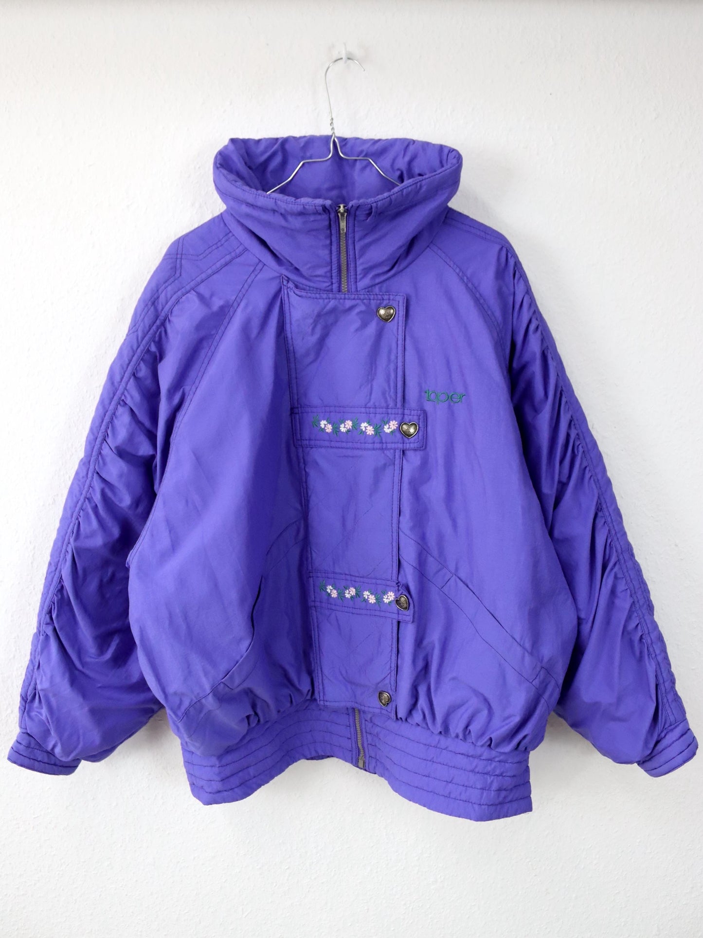 Vintage 80er 90er Toper Skijacke Winterjacke gefüttert Stehkragen lila Stickerei Blumen 42/44 L