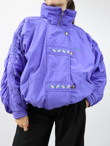 Vintage 80er 90er Toper Skijacke Winterjacke gefüttert Stehkragen lila Stickerei Blumen 42/44 L