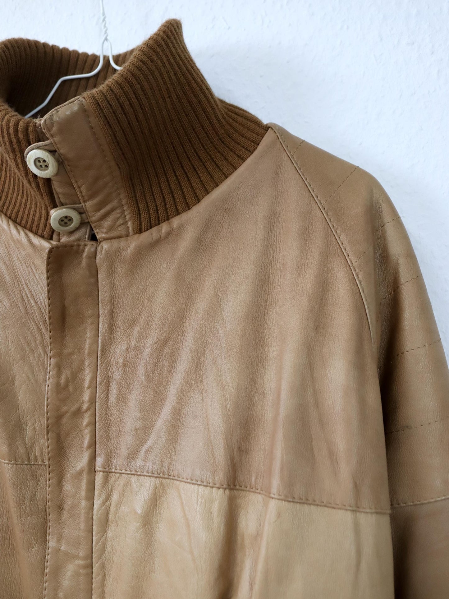 Vintage 80er 90er Lederjacke leicht gefüttert Blouson Stehkragen Strick braun 48 M