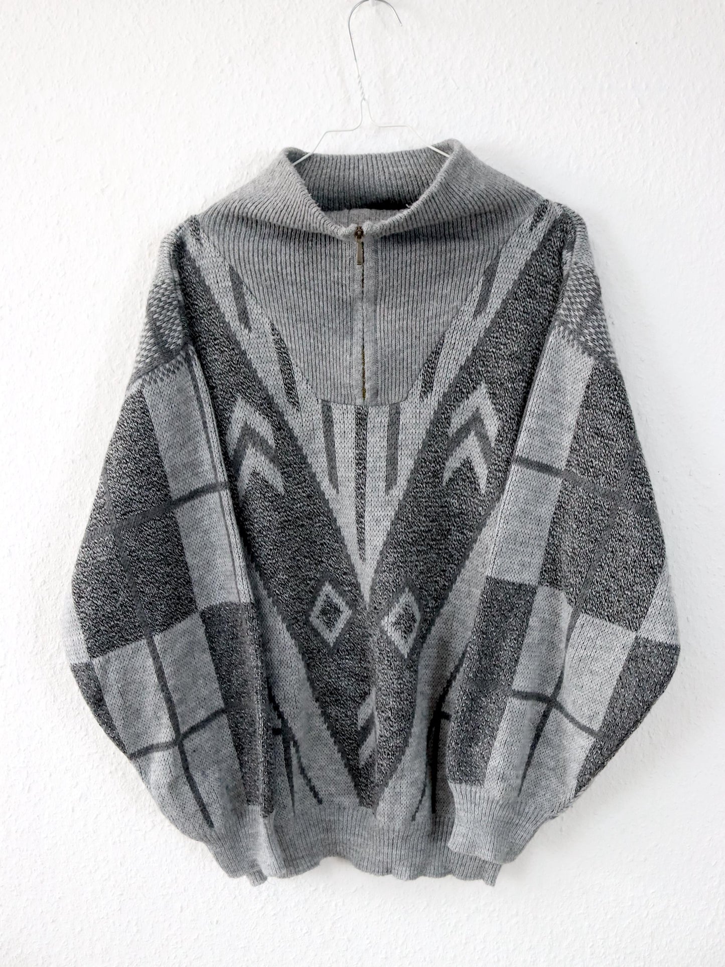 Vintage 80s 90s knitted sweater patterned zipper grey S/M