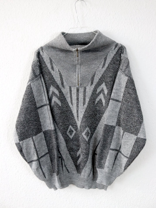 Vintage 80s 90s knitted sweater patterned zipper grey S/M