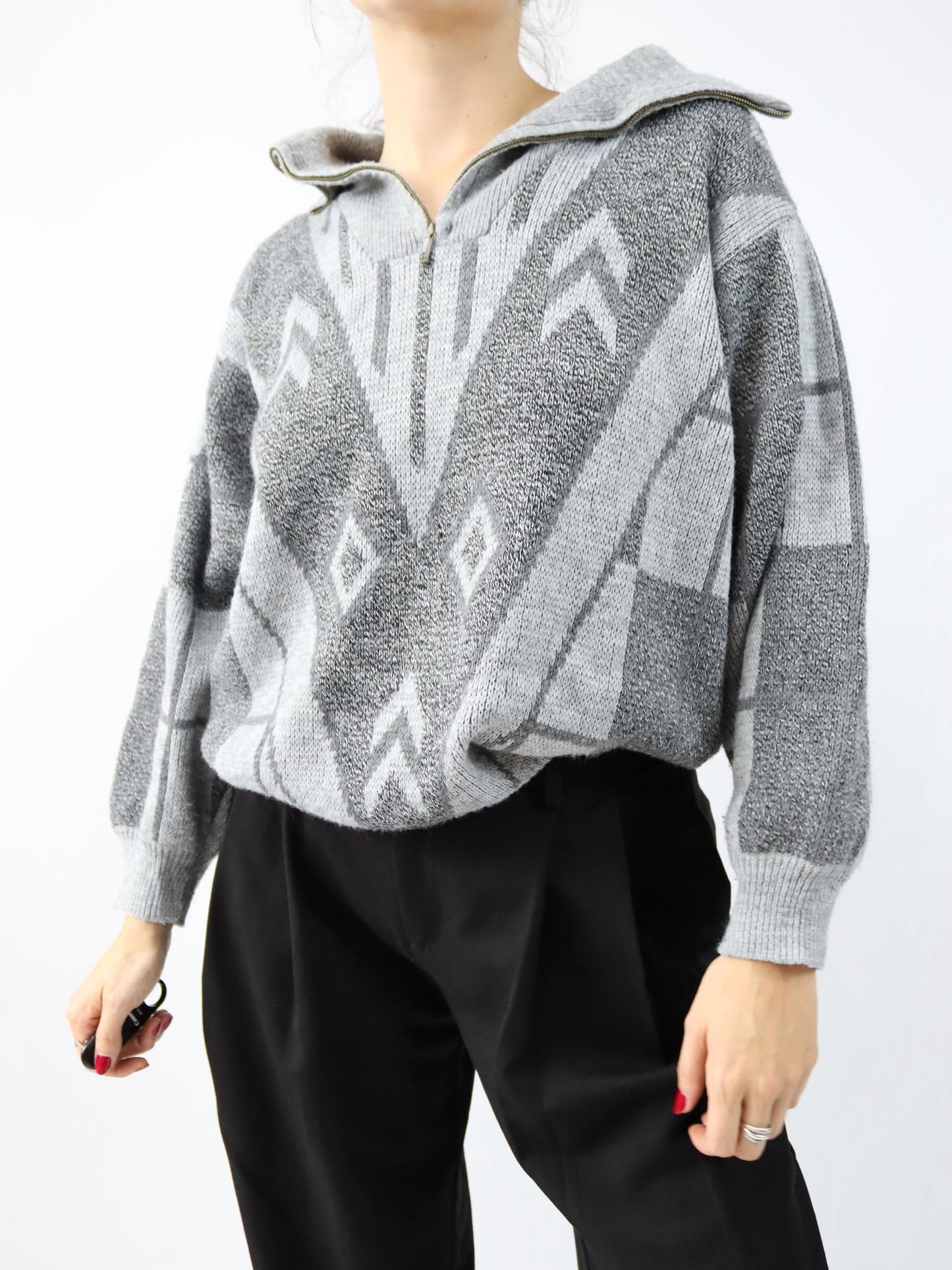 Vintage 80s 90s knitted sweater patterned zipper grey S/M