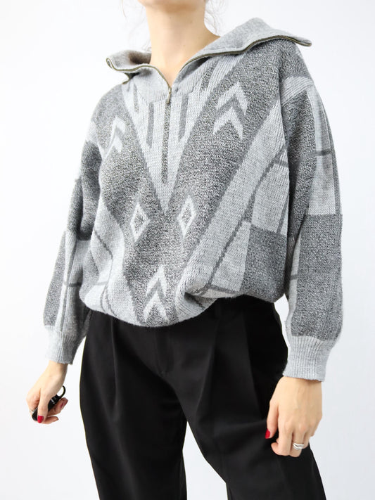 Vintage 80s 90s knitted sweater patterned zipper grey S/M