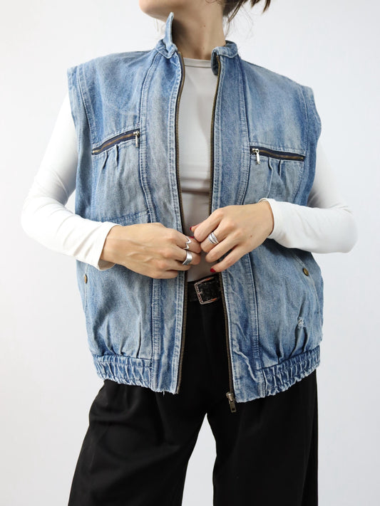 Vintage 80s 90s denim vest zipper used look M