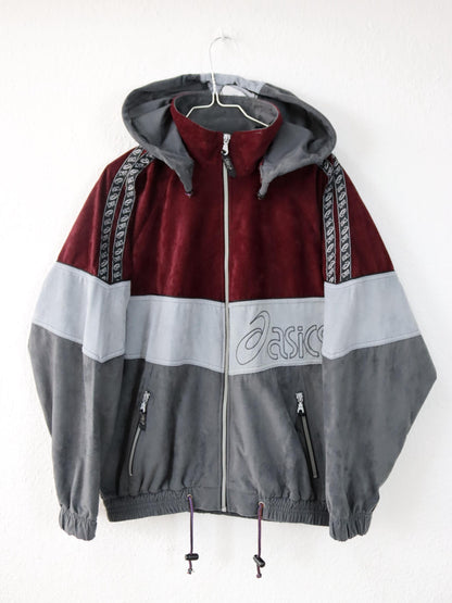 Vintage 80er 90er ASICS Trainingsjacke Kapuze Stehkragen Samt grau dunkelrot 46 S