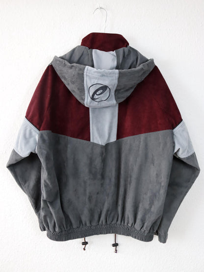 Vintage 80er 90er ASICS Trainingsjacke Kapuze Stehkragen Samt grau dunkelrot 46 S