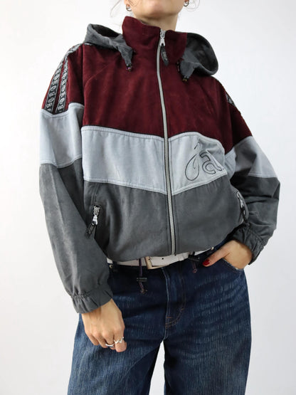 Vintage 80er 90er ASICS Trainingsjacke Kapuze Stehkragen Samt grau dunkelrot 46 S