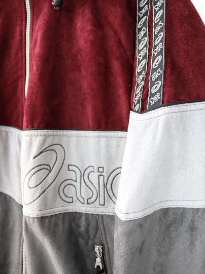 Vintage 80er 90er ASICS Trainingsjacke Kapuze Stehkragen Samt grau dunkelrot 46 S