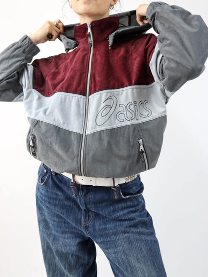 Vintage 80er 90er ASICS Trainingsjacke Kapuze Stehkragen Samt grau dunkelrot 46 S