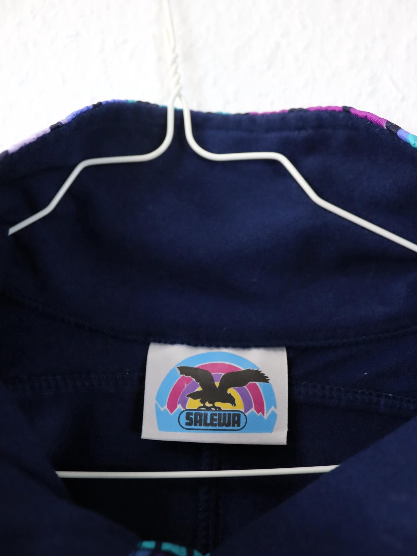 Vintage 80s 90s SALEWA sweater thin velvet fleece dark blue colorful crazy pattern L