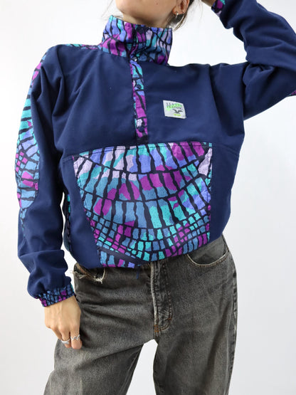 Vintage 80s 90s SALEWA sweater thin velvet fleece dark blue colorful crazy pattern L