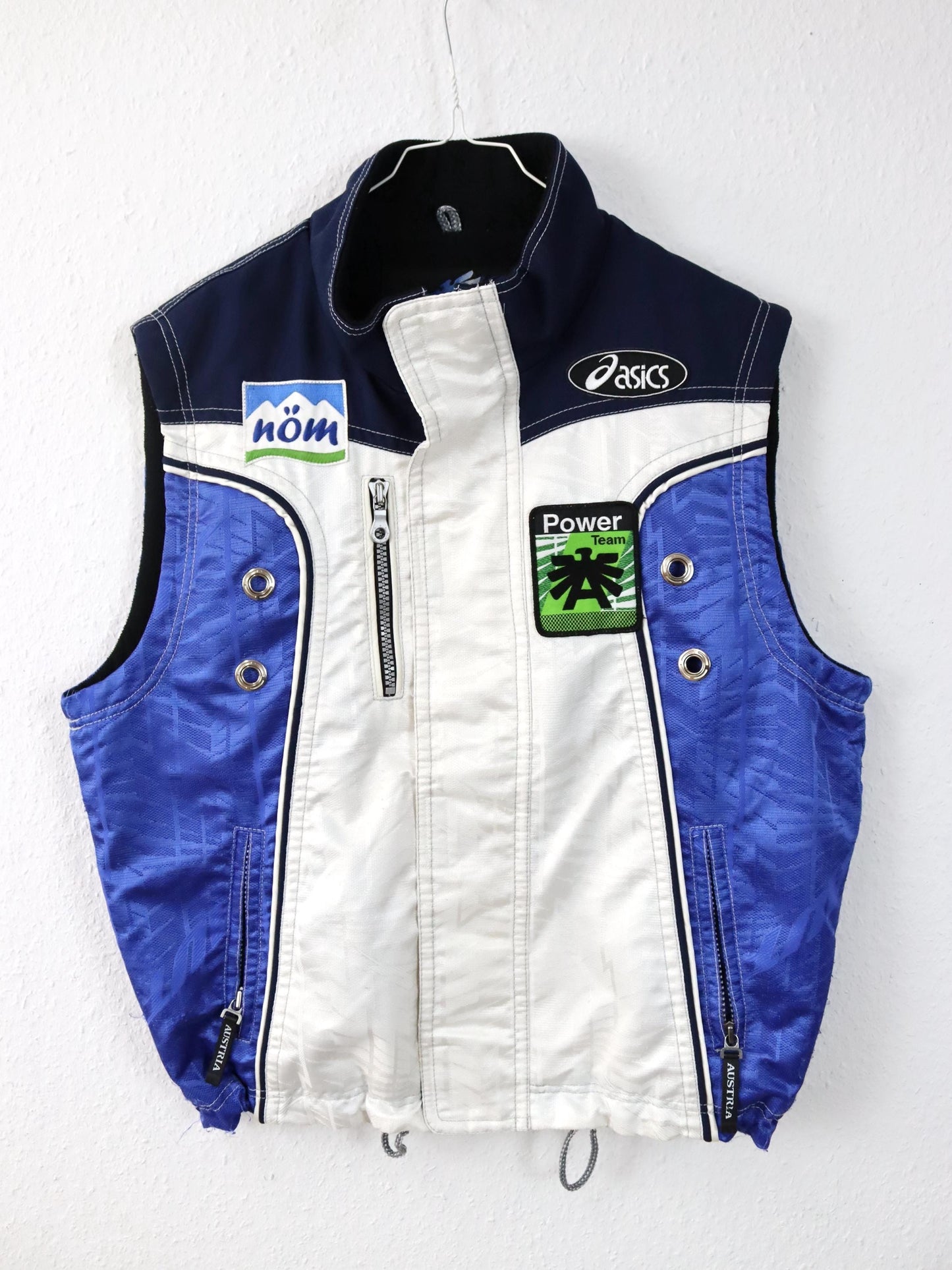 Vintage 80s 90s ASICS ski vest lined Ski Power Team Austria 1998 white blue inside fleece L