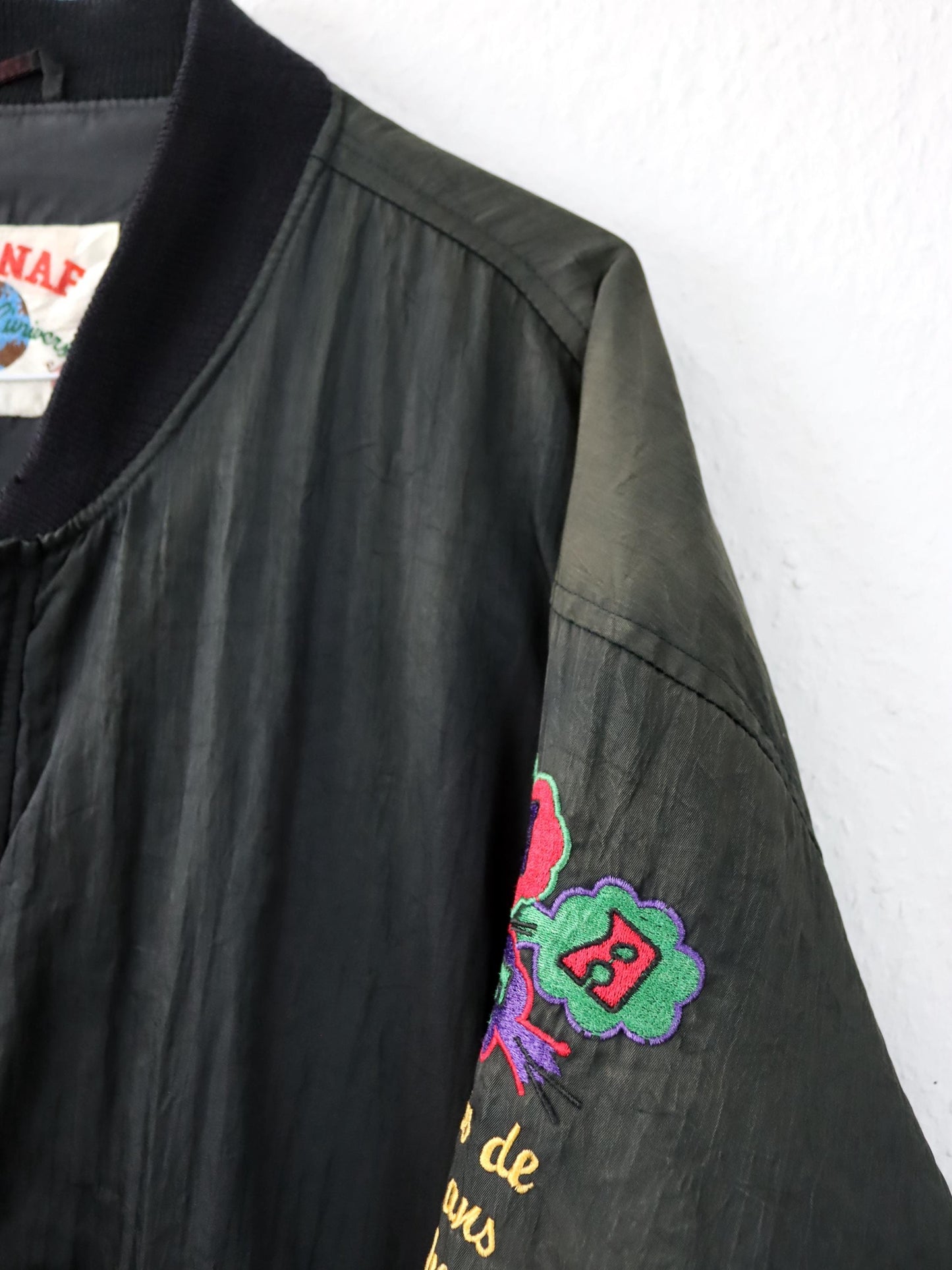 Vintage 80s 90s NAF NAF Blouson Bomber Jacket Embroidery Lightly Lined Black L
