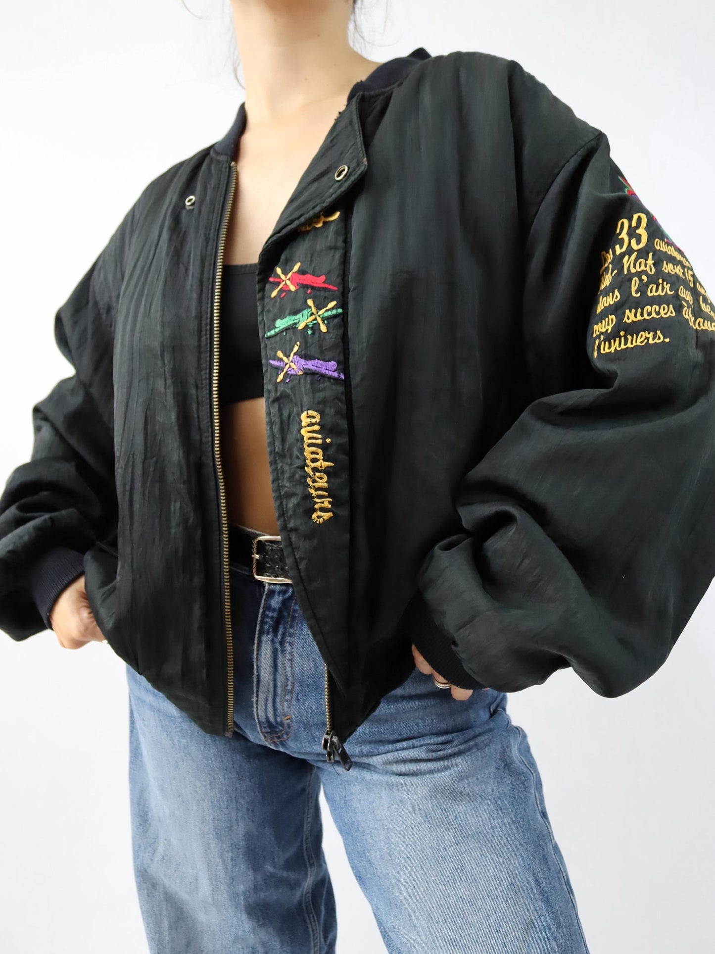 Vintage 80s 90s NAF NAF Blouson Bomber Jacket Embroidery Lightly Lined Black L