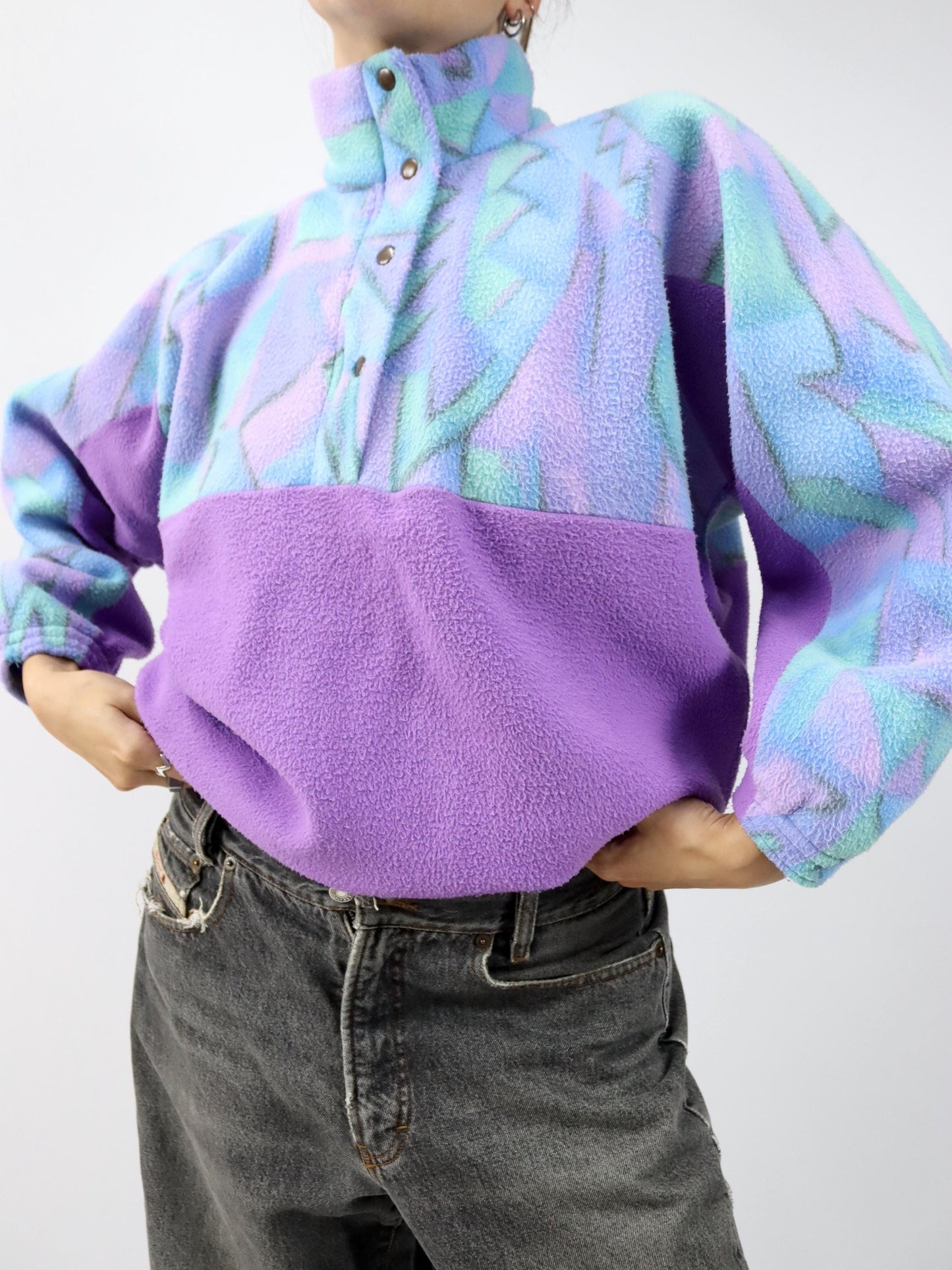 Vintage 80er 90er Fleecepullover Pullover crazy pattern flieder Stehkragen M/L