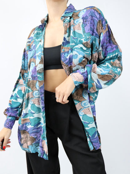 Vintage 80er 90er SPIDER Bluse langarm crazy pattern bunt L