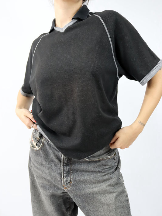 Vintage 80er 90er ADIDAS Poloshirt kurzarm schwarz grau D5 S/M