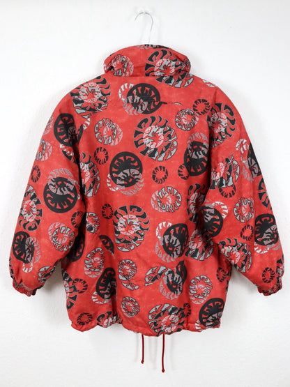 Vintage 80er 90er ETIREL Winterjacke gefüttert crazy pattern Stehkragen Schulterpolster rot schwarz 38/40