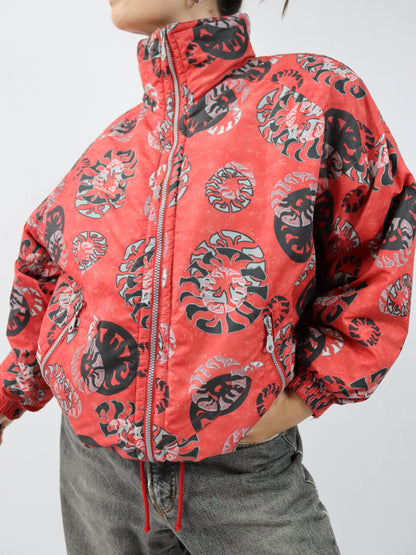Vintage 80er 90er ETIREL Winterjacke gefüttert crazy pattern Stehkragen Schulterpolster rot schwarz 38/40