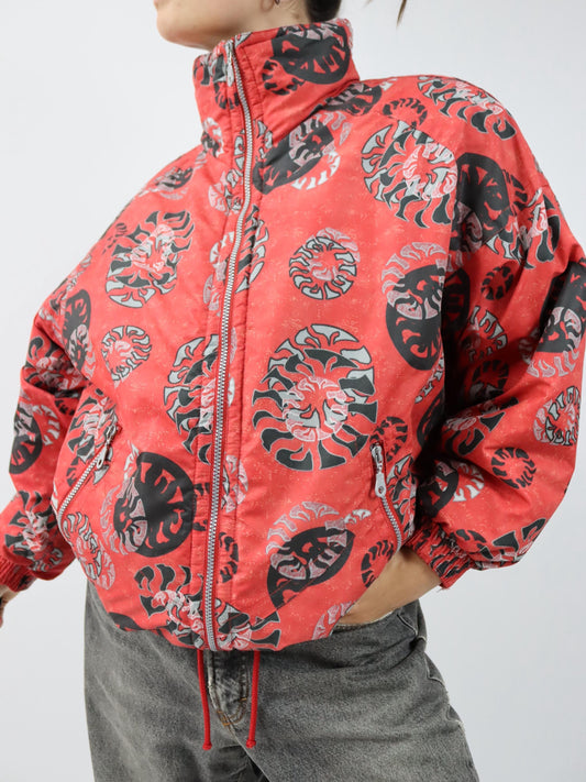 Vintage 80er 90er ETIREL Winterjacke gefüttert crazy pattern Stehkragen Schulterpolster rot schwarz 38/40