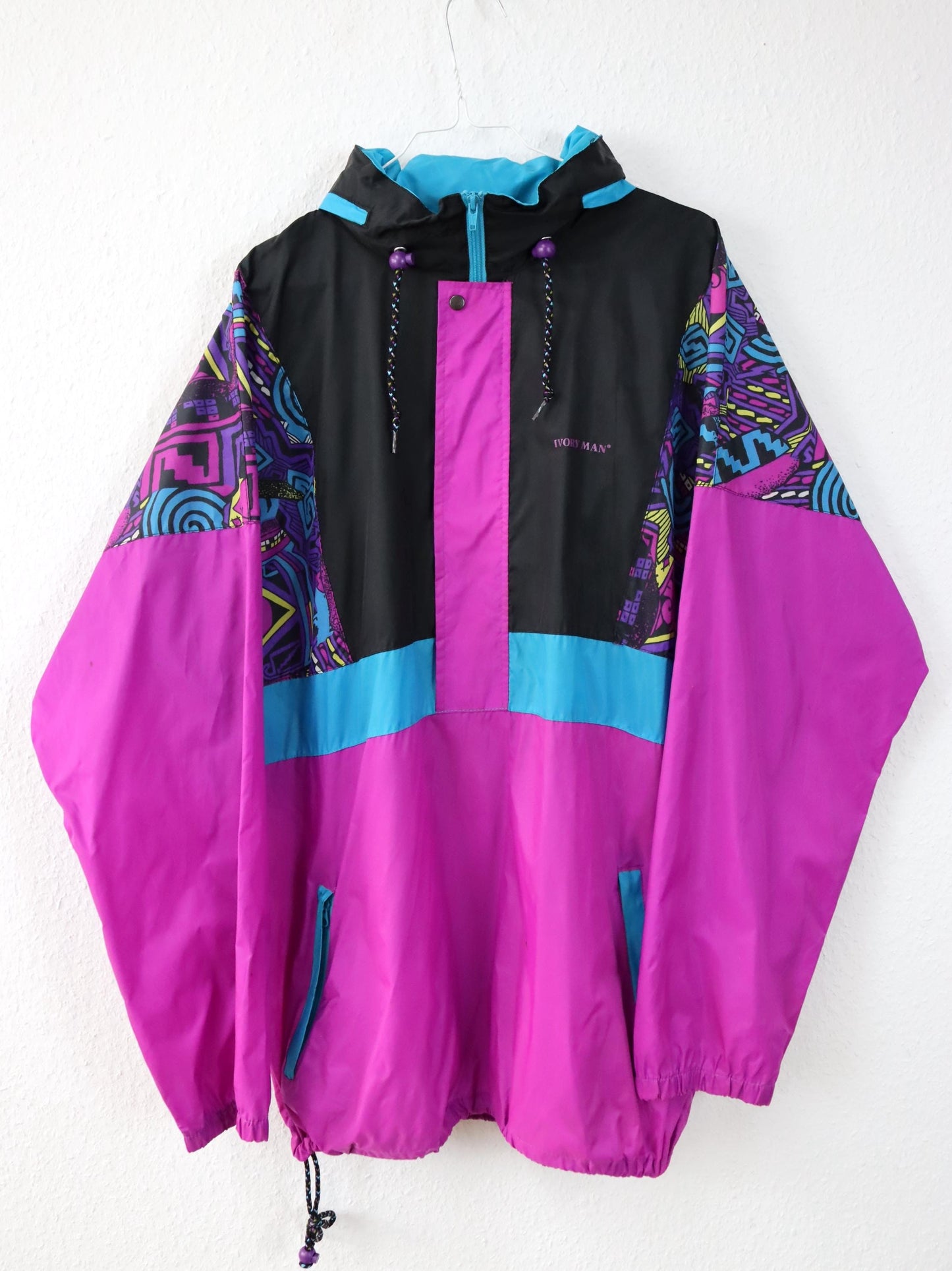 Vintage 80s 90s IVORY MAN rain jacket windbreaker crazy pattern colorful M