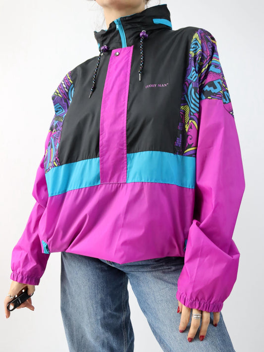 Vintage 80s 90s IVORY MAN rain jacket windbreaker crazy pattern colorful M