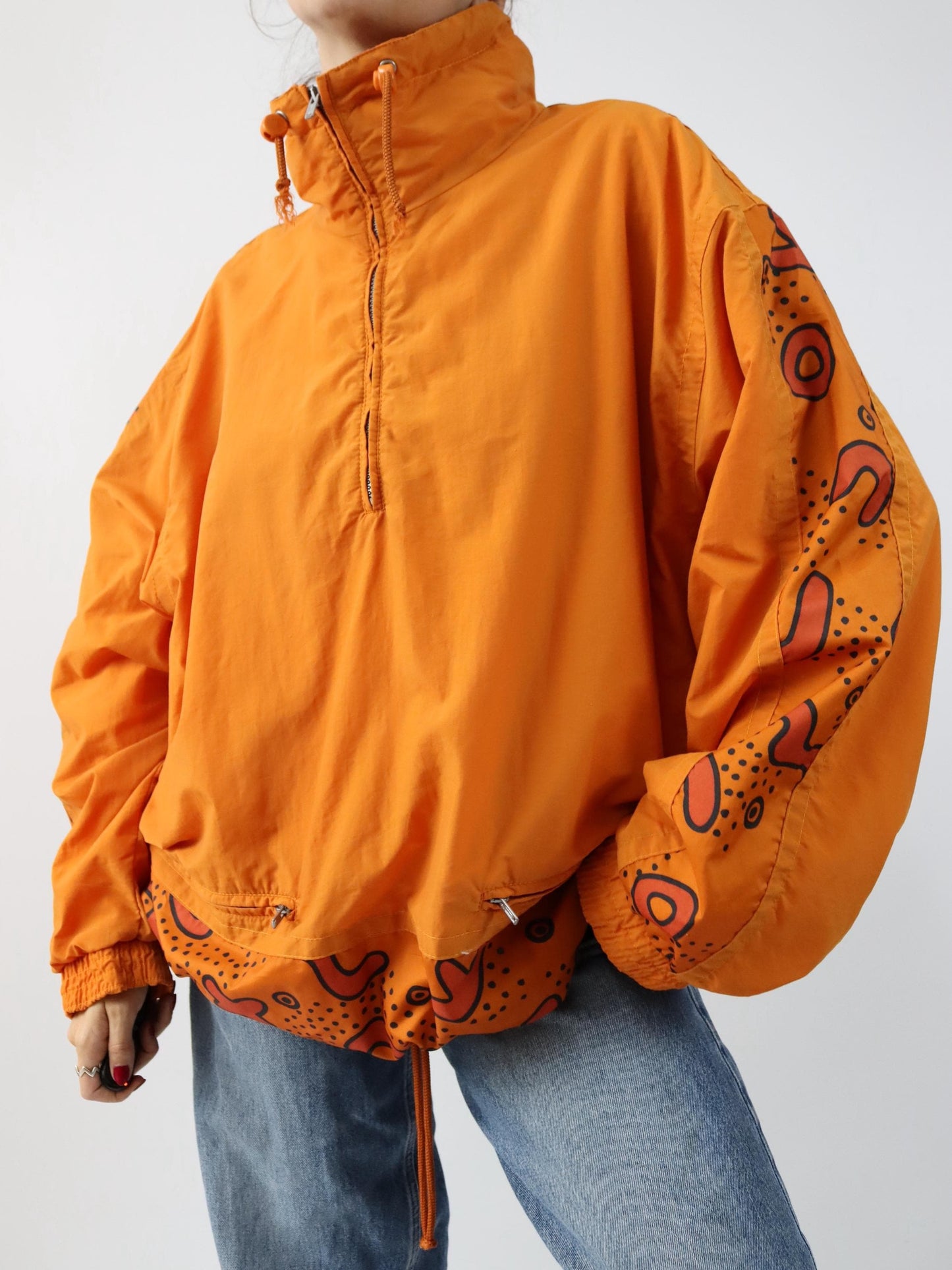 Vintage 80s 90s ETIREL overcoat jacket stand-up collar orange crazy pattern L