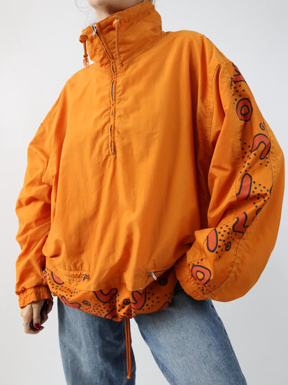 Vintage 80s 90s ETIREL overcoat jacket stand-up collar orange crazy pattern L