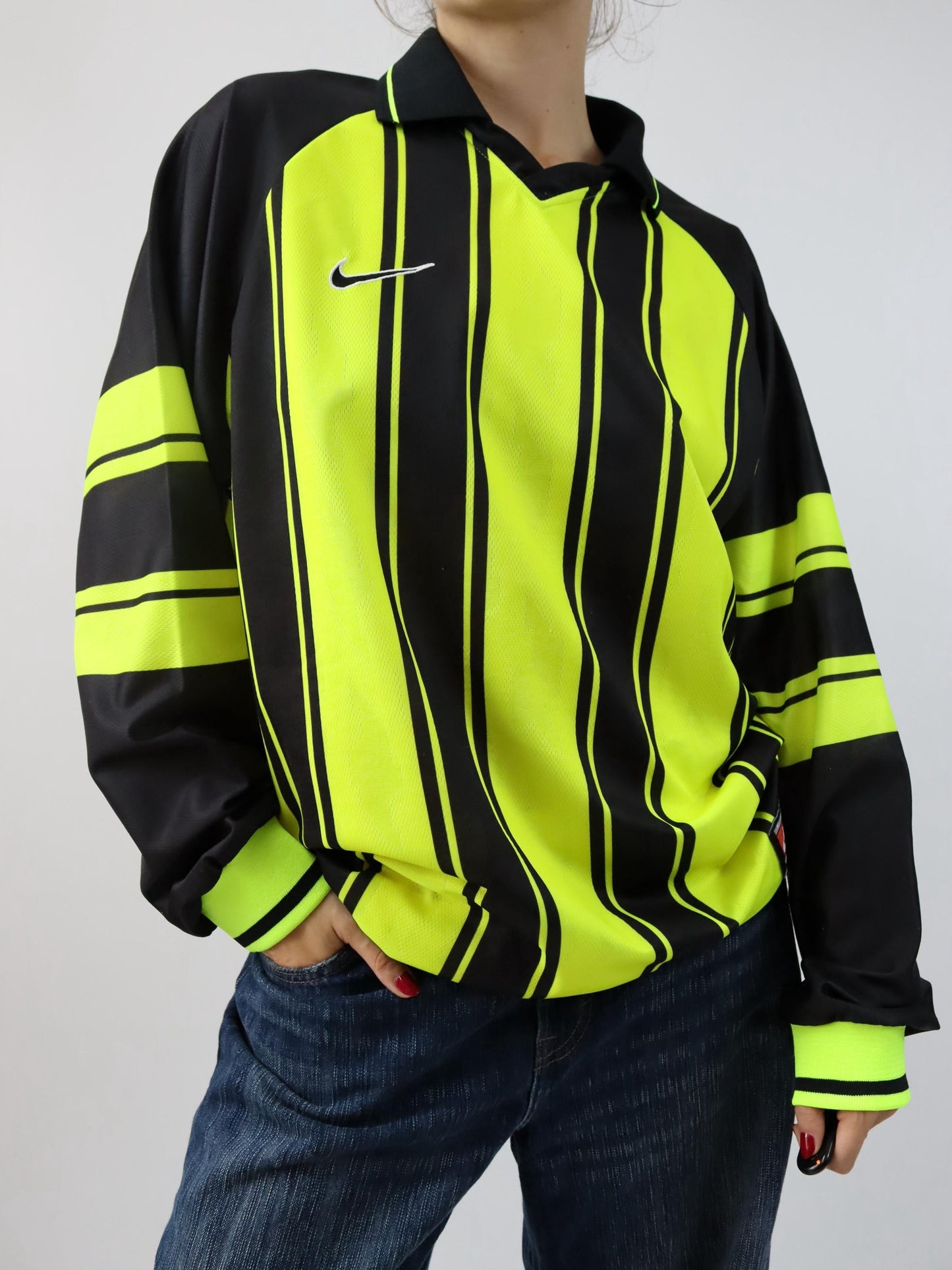 Vintage 80s 90s NIKE Team Sports jersey long sleeve polo collar striped neon yellow black XL