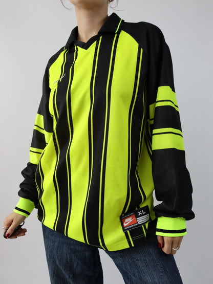 Vintage 80s 90s NIKE Team Sports jersey long sleeve polo collar striped neon yellow black XL