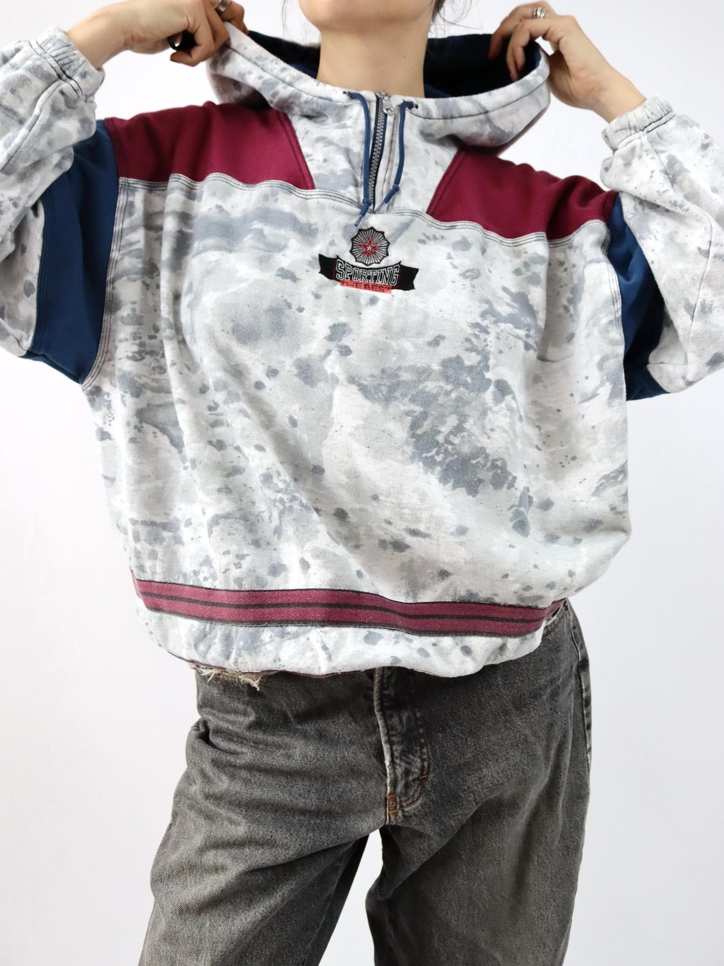 Vintage 80s 90s KILLTEC Hoodie Pullover Hood Batik Sticker grey blue red M