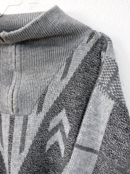Vintage 80s 90s knitted sweater patterned zipper grey S/M