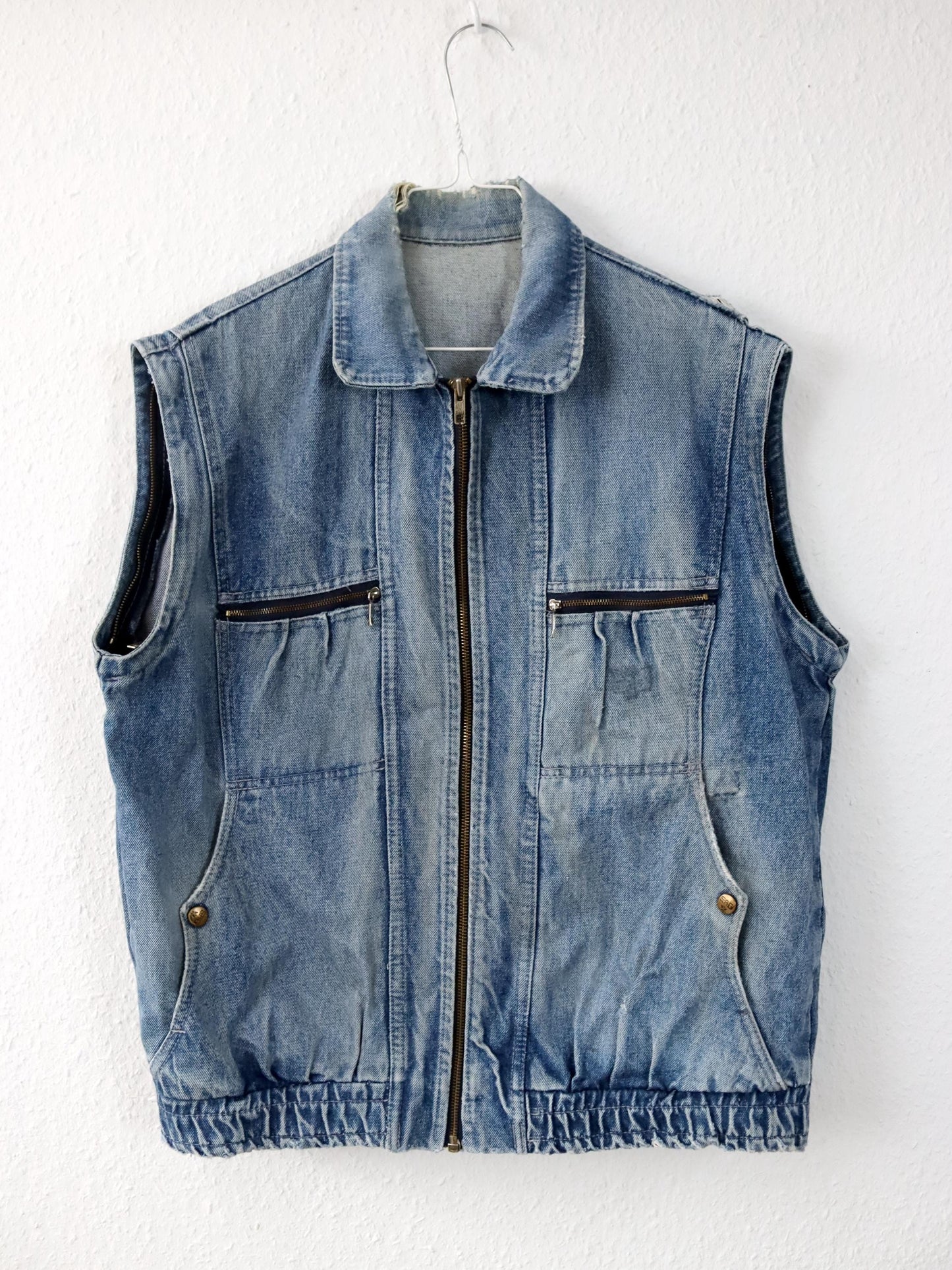 Vintage 80s 90s denim vest zipper used look M