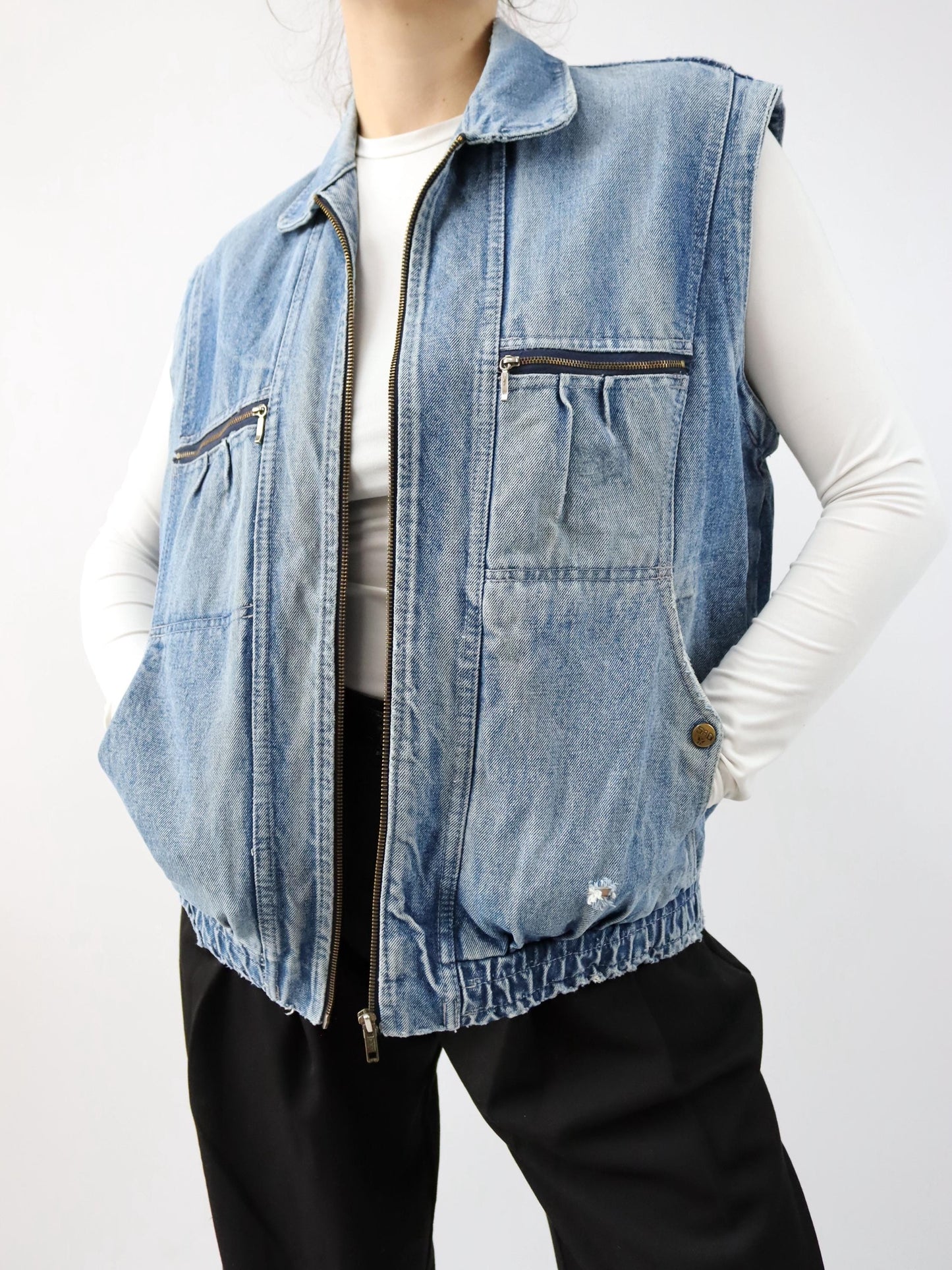 Vintage 80s 90s denim vest zipper used look M
