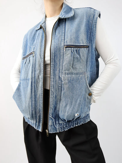Vintage 80s 90s denim vest zipper used look M