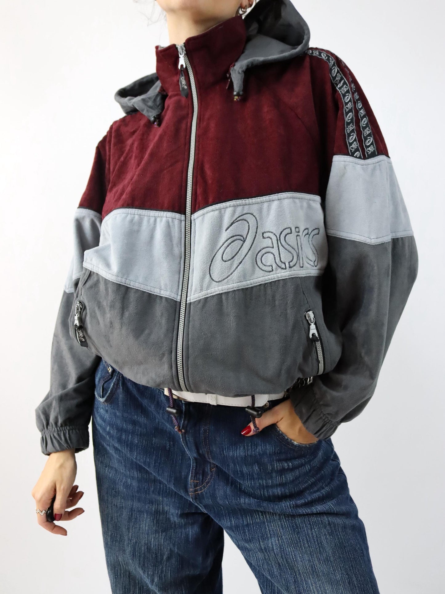 Vintage 80er 90er ASICS Trainingsjacke Kapuze Stehkragen Samt grau dunkelrot 46 S