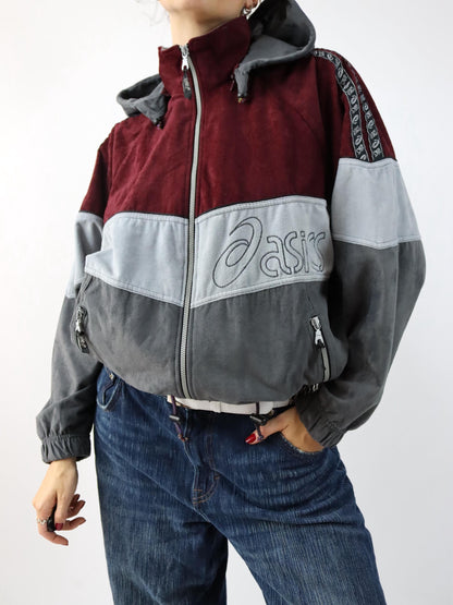 Vintage 80er 90er ASICS Trainingsjacke Kapuze Stehkragen Samt grau dunkelrot 46 S
