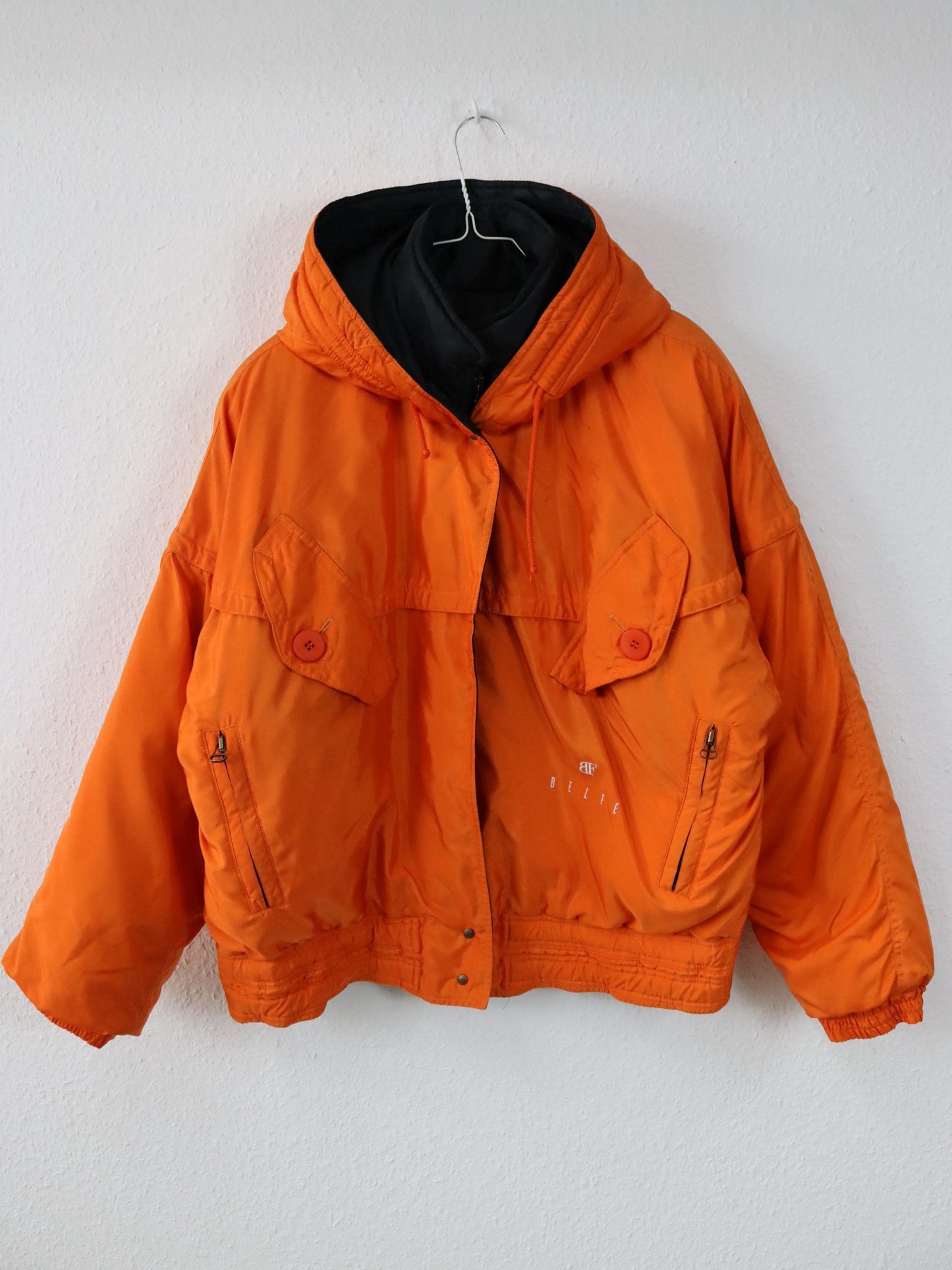 Vintage 80s 90s BELFE winter jacket lined orange black hood 42 L