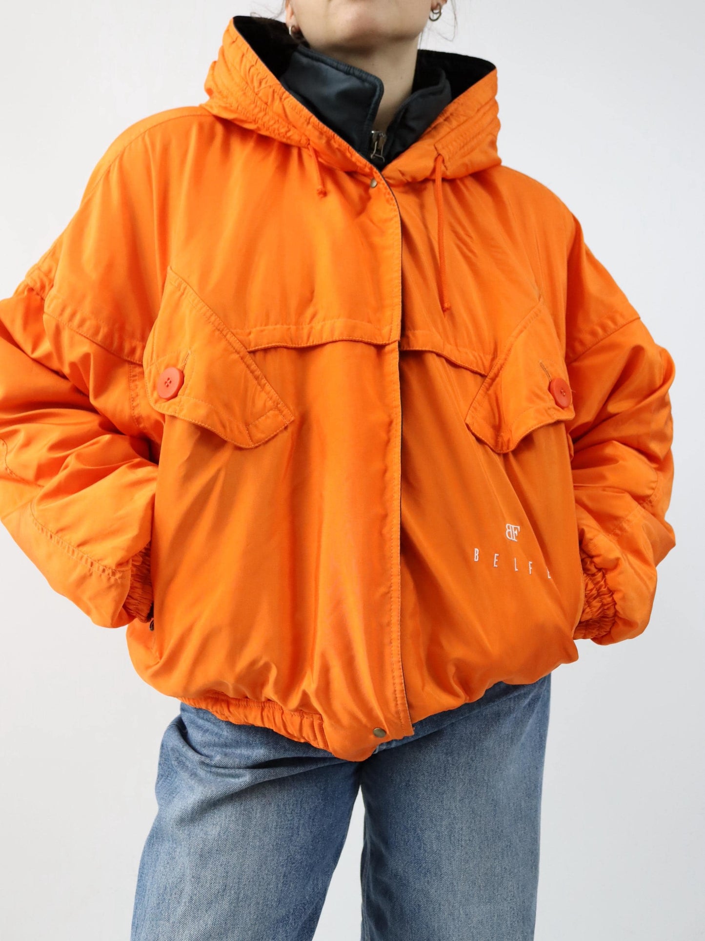 Vintage 80s 90s BELFE winter jacket lined orange black hood 42 L
