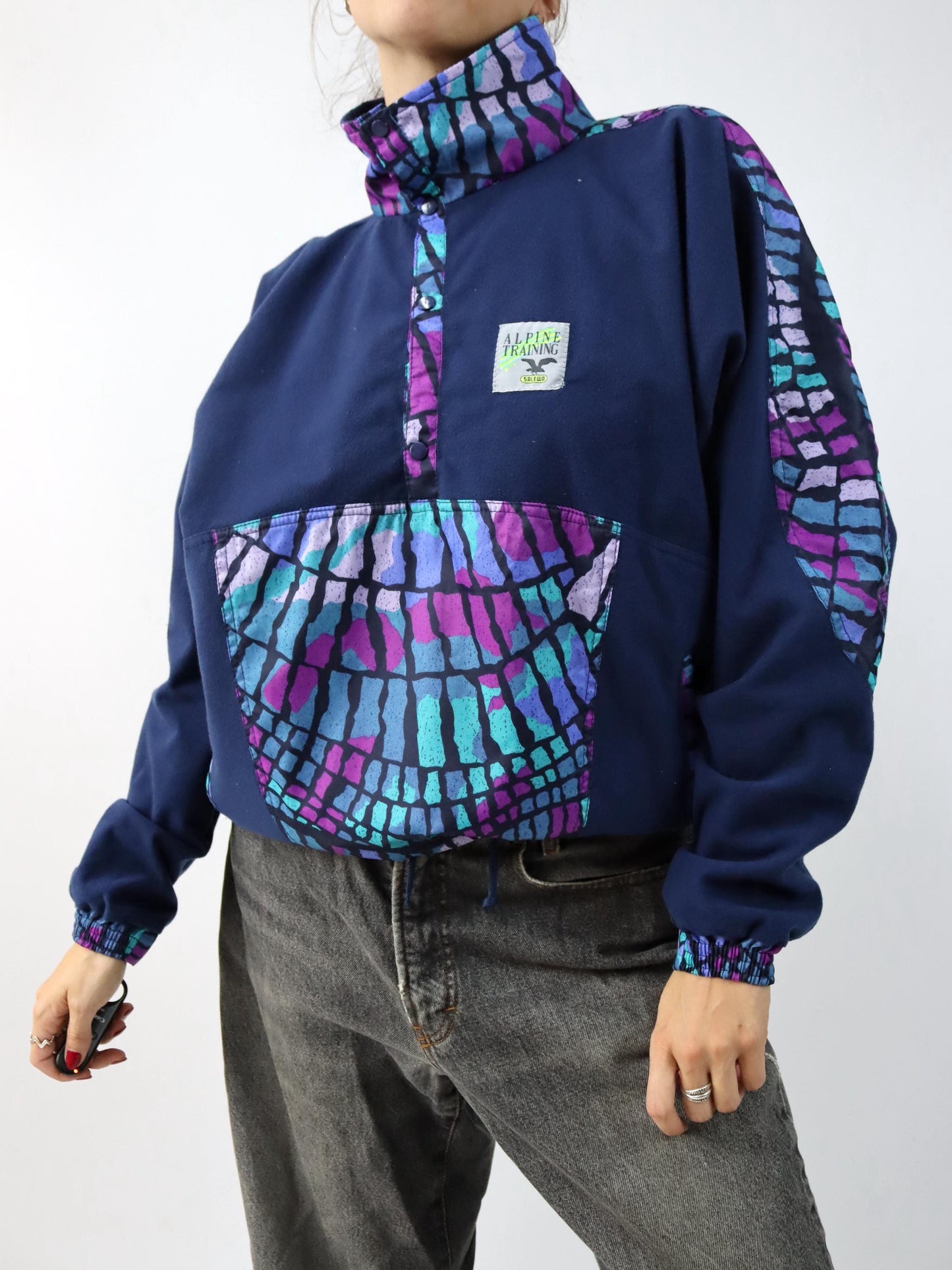 Vintage 80s 90s SALEWA sweater thin velvet fleece dark blue colorful crazy pattern L
