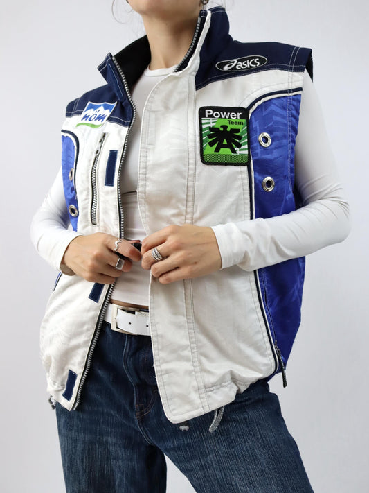 Vintage 80s 90s ASICS ski vest lined Ski Power Team Austria 1998 white blue inside fleece L