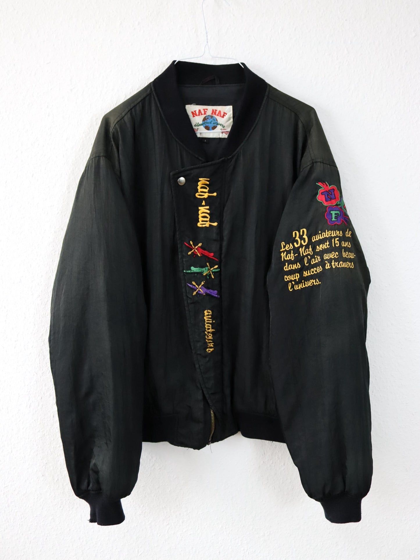 Vintage 80s 90s NAF NAF Blouson Bomber Jacket Embroidery Lightly Lined Black L