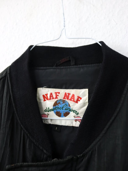 Vintage 80s 90s NAF NAF Blouson Bomber Jacket Embroidery Lightly Lined Black L