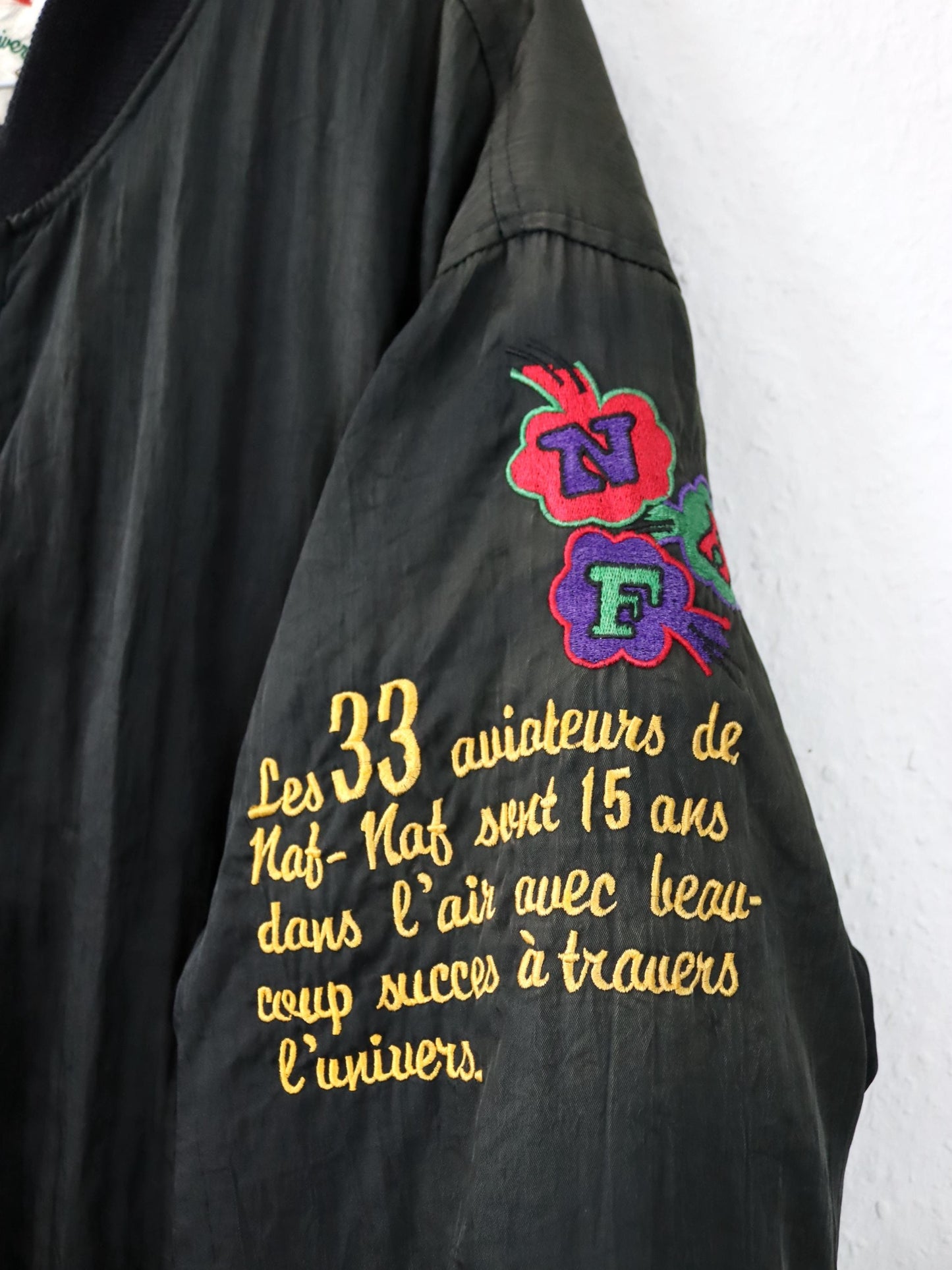 Vintage 80s 90s NAF NAF Blouson Bomber Jacket Embroidery Lightly Lined Black L