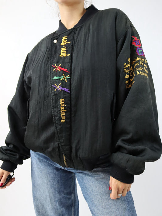 Vintage 80s 90s NAF NAF Blouson Bomber Jacket Embroidery Lightly Lined Black L